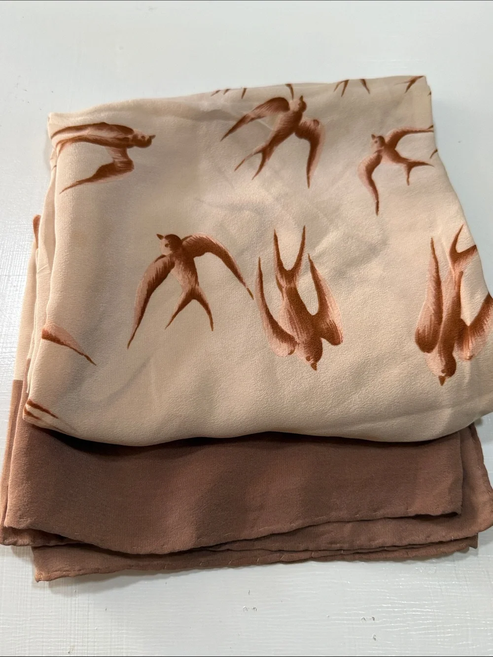 Idk Manila SWALLOWS Silk Brown & Cream Print Silk Scarf 🧣 vintage